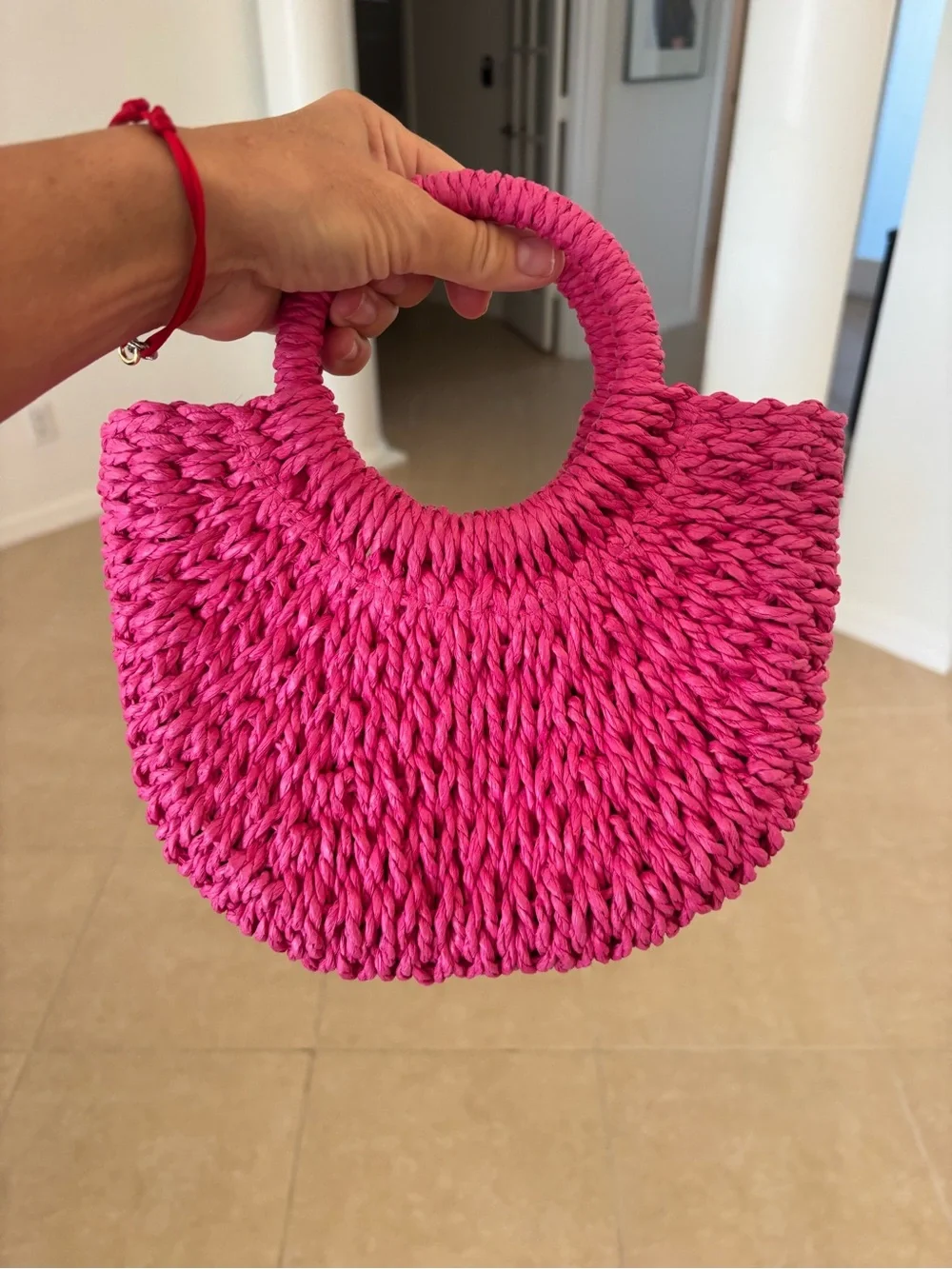 Handwoven Pink Straw Tote Bag
